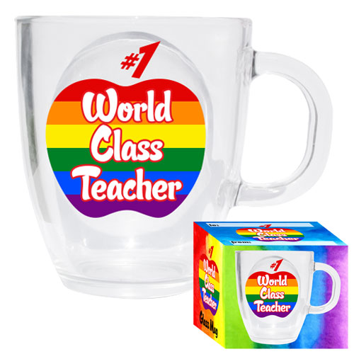 #1 WORLD CLASS TEACHER GLASS MUG *DAMAGED BOX*