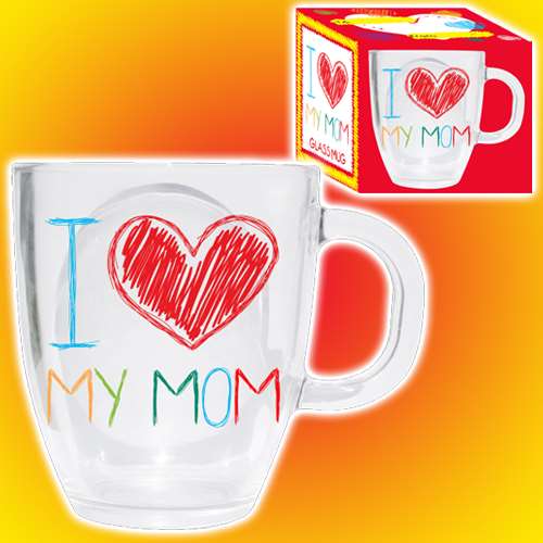 I HEART MY MOM GLASS MUG *DAMAGED BOX*