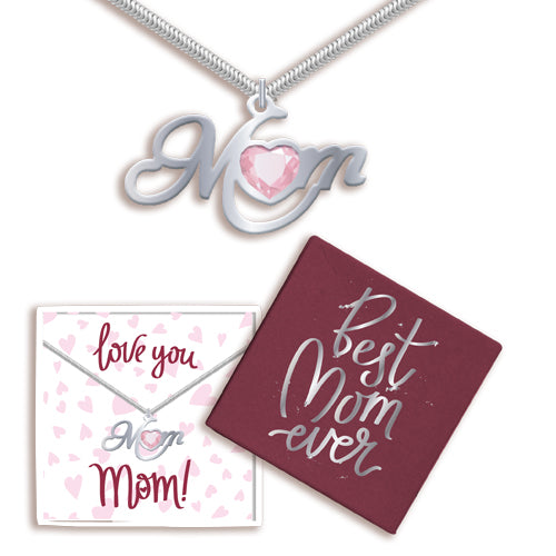 MOM PINK CRYSTAL HEART NECKLACE