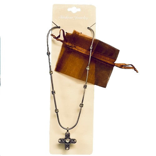 CRYSTAL CROSS NECKLACE W/POUCH